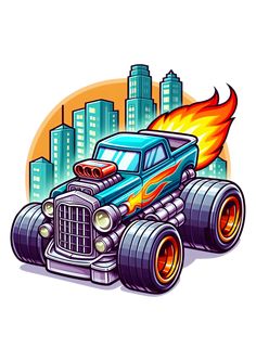 an old school hot rod monster truck with flames coming out of it's tires