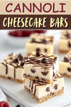 chocolate chip cheesecake bars are stacked on top of each other