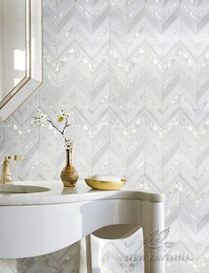 an image of a bathroom with white and gold wallpaper