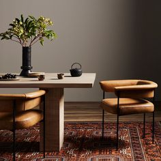 a table with two chairs and a potted plant sitting on top of it next to a rug