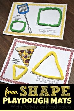 two pictures with the words shape playdough mats on them and an image of a pizza