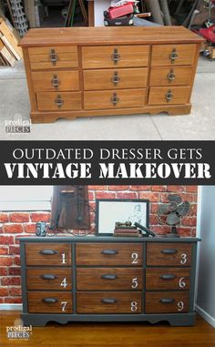 an old dresser is transformed into a vintage makeover