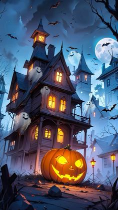 a halloween scene with a creepy house and jack - o'- lantern in the foreground