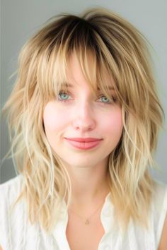 Blonde Shag With Dark Roots Medium-Length Hairstyle. Blonde Hair Dark Roots Bangs, Brunette Shag Haircut, Razor Cut Shag, Blonde Strands, 70s Rockstar, Blonde Shag, 2024 Haircuts, Shag Cut, Modern Shag Haircut