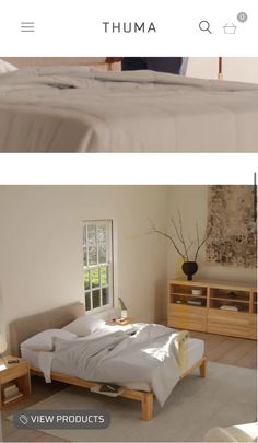 two pictures show the same bed in different rooms