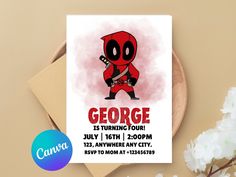 a card with a deadpool character on it and the text george is turning four