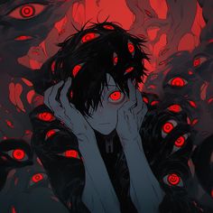 an anime character with red eyes covering his face in front of black and red background