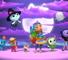 several cartoon characters standing in front of a full moon