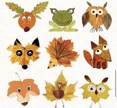 a group of different types of leaves with faces and eyes on them, all painted in various colors