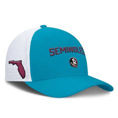 Complete your Florida State Seminoles game day look with this Trucker Adjustable Hat from Nike. This hat features an embroidered team logo and lettering across the front panels, making a bold statement for any Florida State fan. The four mesh mid and rear panels provide a breezy feel, ensuring you stay cool and comfortable whether you're cheering in the stands or soaking up the sun outdoors. Collegiate Trucker Hat With Embroidered Logo For Fans, Collegiate Hats With Letter Patch For Game Day, Team-colored Trucker Hat With Embroidered Logo For Fans, Trucker Hat With Embroidered Logo For Fan Gear, Collegiate Blue Snapback Hat For Game Day, Blue Collegiate Hat For Game Day, Blue Collegiate Fitted Hat For Game Day, Game Day Trucker Hat With Embroidered Logo, Team-colored Hats With Letter Print For Game Day