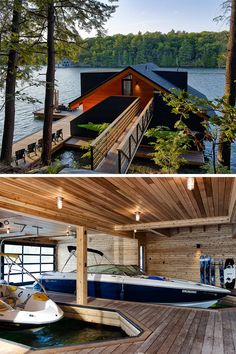 there are two pictures of the inside of a boathouse and outside of a house