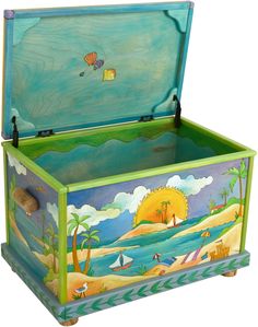 a painted chest with an ocean scene on the front and bottom, sitting against a white background