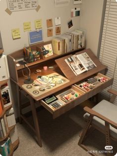 a desk with several items on it in an office setting, including books and magazines