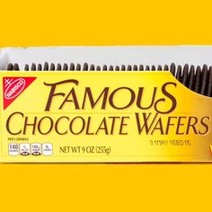 a box of famous chocolate wafers on a yellow background