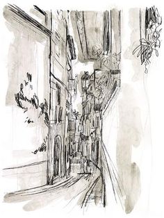 black and white drawing of an alleyway