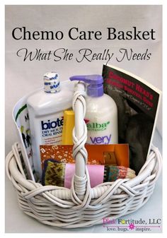 a white basket filled with lots of different types of items and the words chemo care basket what she really needs