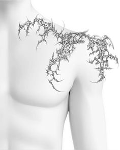 the back of a man's body with vines on it and leaves growing out of his chest