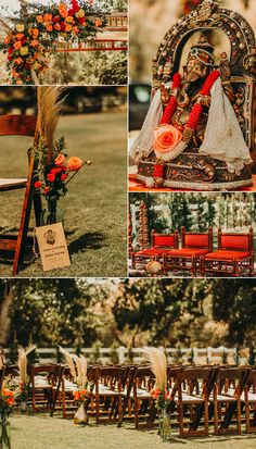 an outdoor ceremony with wooden chairs, flowers and decorations on the sidelines is shown