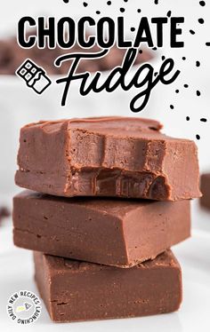 three pieces of chocolate fudge stacked on top of each other with text overlay