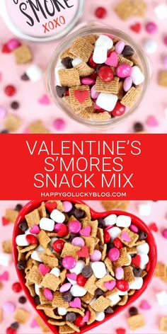 valentine's smores snack mix in a heart shaped bowl