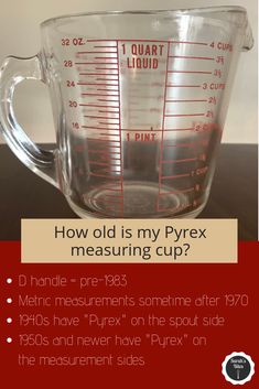 a measuring cup with the words how old is my pyrrex measuring cup?