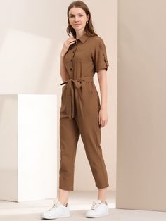 Shop Allegra K for short sleeve button down tie waist cotton cargo jumpsuit you are looking for, get more women's jumpsuits for yourelf. Order now! Free Returns! Cargo Jumpsuit, Comfy Jumpsuits, Maxi Jumpsuit, Knit Jumpsuit, Women Maxi, Sleeveless Jumpsuits, Sleeves (women), Womens Clothing Sizes, Rompers Women