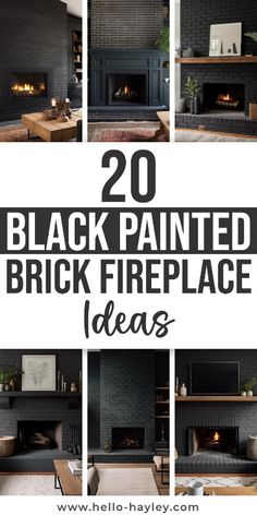 black painted brick fireplaces with text overlay that reads 20 black painted brick fireplace ideas