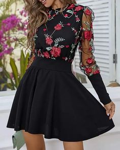 Lasaky - Floral Embroidery Sheer Mesh Casual Dress Fitted Long-sleeve Embroidered Dress With Floral Applique, Fitted Long Sleeve Embroidered Dress With Floral Applique, Long Sleeve Embroidered Mini Dress For Fall, Long Sleeve Embroidered Floral Dress For Fall, Embroidered Long Sleeve Mini Dress For Fall, Fall Floral Print Long Sleeve Embroidered Dress, Fitted Dress With Embroidered Hem For Fall, Spring Party Dress With Embroidered Sleeves, Fitted Dress With Intricate Embroidery For Fall