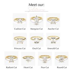 different types of engagement rings with names on the front and side, including an oval cut diamond