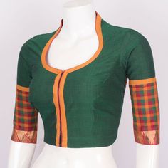 Buy online Hand Crafted Cotton Blouse With Zari Edging, Collar Neck & Lining 10017716 Size - 38 Indian Saree Blouses Designs, Kurta Neck Design, Blouse Designs Silk, Designer Saree Blouse Patterns