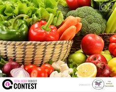 an assortment of fresh fruits and vegetables in a wicker basket