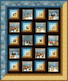 a quilt with many pictures of animals in the woods on it's sides and one is