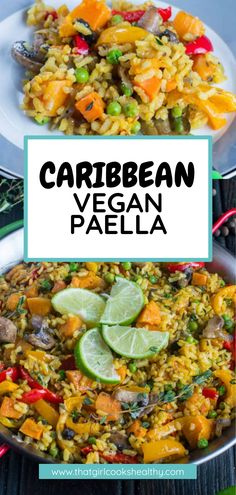 Caribbean-style Vegan Paella close up in the pan and on a serving plate. Vegetarian Caribbean Recipes, Vegan Paella Recipe, Vegan Carribean Recipe, Vegan Brazilian Recipes, Caribbean Vegan Recipes, Vegan Caribbean Recipes, Vegetable Paella Recipe, Vegan Paella, Vegetarian Paella