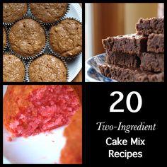 four different pictures with the words 20 two ingredient cake mix recipes on them, including cupcakes and muffins