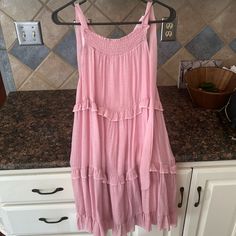 Never Worn, Size Small, Brand Is Sweet Lovely By Jen Pink Summer Ruffle Dress For Brunch, Cute Flowy Ruffle Dress For Summer, Pink Sundress With Ruffled Straps For Brunch, Ruffled Sundress For Daywear, Solid Mini Sundress With Ruffles, Solid Color Mini Sundress With Ruffles, Solid Ruffled Mini Sundress, Casual Pink Mini Ruffle Dress, Pink Casual Mini Length Ruffle Dress