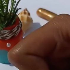 a hand is holding a pen to a small potted plant