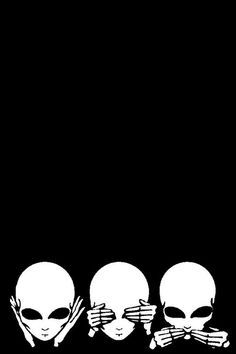 three white alien heads with crossed bones in front of a black background that says,