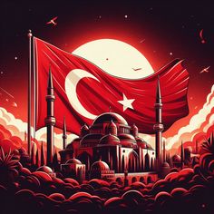 a turkey flag flying in the sky over a building with domes and minas on it