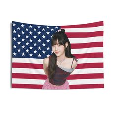 a girl in front of an american flag