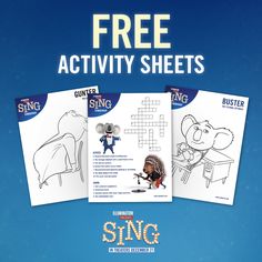 an advertisement for sing with cartoon characters on the front and back covers, along with text that reads free activity sheets