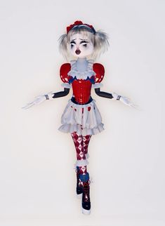 a doll with white hair and red shoes is standing in front of a white background