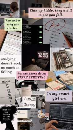 a collage of photos with different types of text and pictures on them, including an image of a woman using a laptop