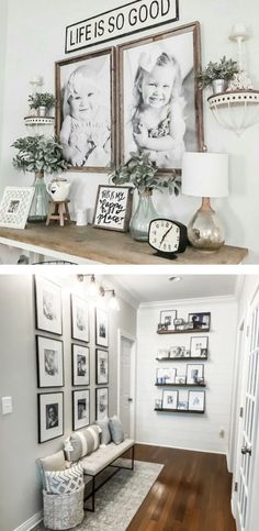 the before and after pictures show how to decorate with family photos on the mantles