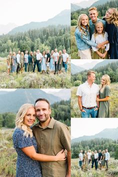 a group of people standing next to each other in a field with mountains behind them