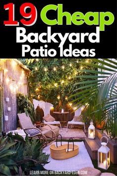 an outdoor patio with lights and plants on it, the title reads 19 cheap backyard patio ideas