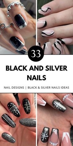 Elevate your nail game with glittering black and silver designs. Short or almond, mix with red and blue touches for stunning results. Check out more ideas! Black Nail Design, Black Silver Nails, Designs For Short Nails, Silver Nail Art, Elegant Nail, Elegant Nail Designs, Shaped Nails