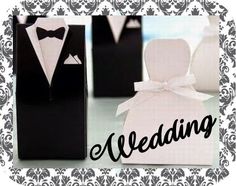 two black and white boxes with the words wedding on them