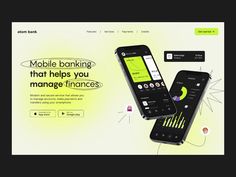 two cell phones sitting next to each other on top of a web page with the text mobile banking that helps you manage finance