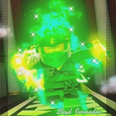 a lego ninja is standing in front of a green background with the words lloyd cannon on it