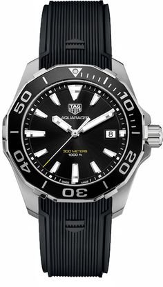 WAY111A.FT6068 TAG HEUER AQUARACER MEN'S LUXURY WATCH Store Display Model (What's This?) - Free Overnight Shipping - With Manufacturer Serial Numbers - Swiss Made - Black Dial - Index Hour Markers - Black Flange with 60 Second / Minute Scale - Black Aluminum Bezel with 60 Minute Scale - Date Feature     Date Window Displayed at the 3 O'Clock Position - End of Life Indicator (EOL) - Battery Operated Quartz Movement - 3 Year Warranty - Guaranteed Authentic - Certificate of Authenticity - Manufacturer Box & Manual - Polished with Brushed Stainless Steel Case - Black Rubber Strap with Yellow Inner Lining - Anti-Reflective Scratch Resistant Sapphire Crystal - 300 Meters / 1000 Feet Water-Resistant - 41mm = 1 1/2" Case, 7" Adjustable Strap - Case Thickness: 12.45mm - Inlet Size: 20mm - Unidirect Tag Heuer Aquaracer, Army Watches, Tag Heuer Watch, Citizen Watch, Gents Watches, Men's Watches, Omega Seamaster, Dive Watches, Tag Heuer